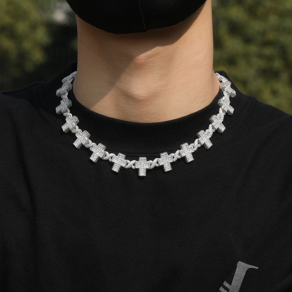 Hip Hop Copper Inlaid Cubic Zirconia Infinite 18k Gold Plated Dainty Cross Chain Cross Iced Out Cross Cuban Link Chain Necklace