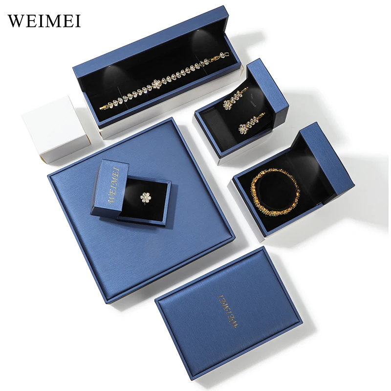 WeiMei high-end custom blue pu leather light jewelry set packaging box with led ring necklace pendant packaging & display