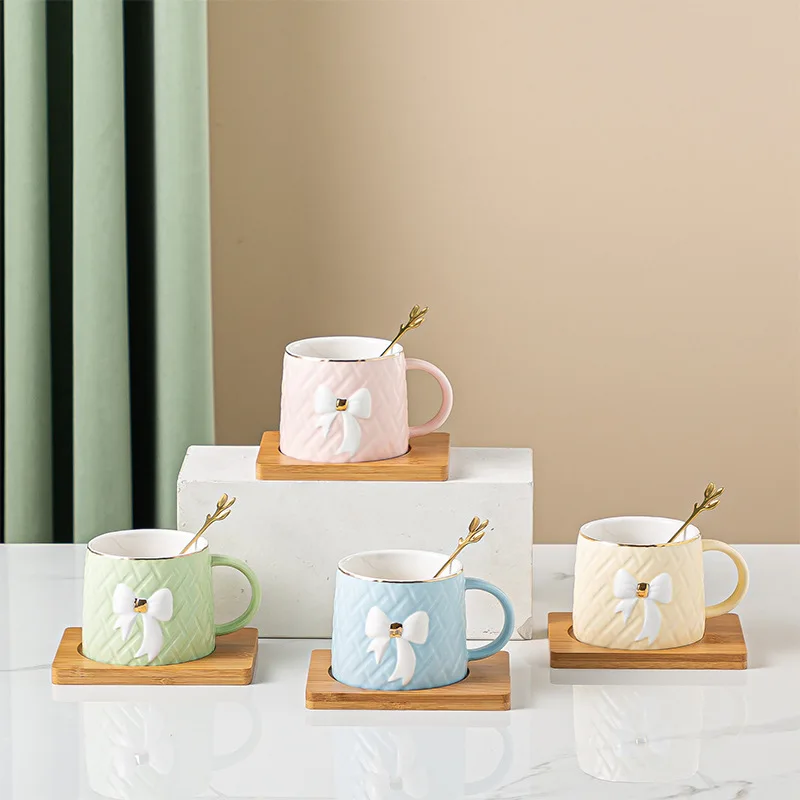 Creative European style ceramic round handle mug saucer with spoon saucer color glaze business gift  tea coffee cup