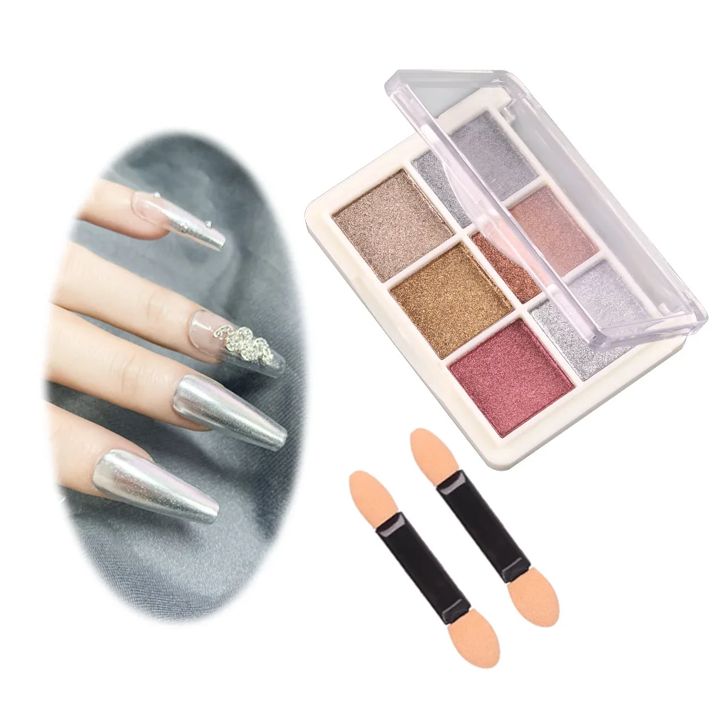 Destly New 6 Colors Per Set Mirror Metal Chrome Rose Aurora Holographic Pigment Pressed Solid Nail Powder