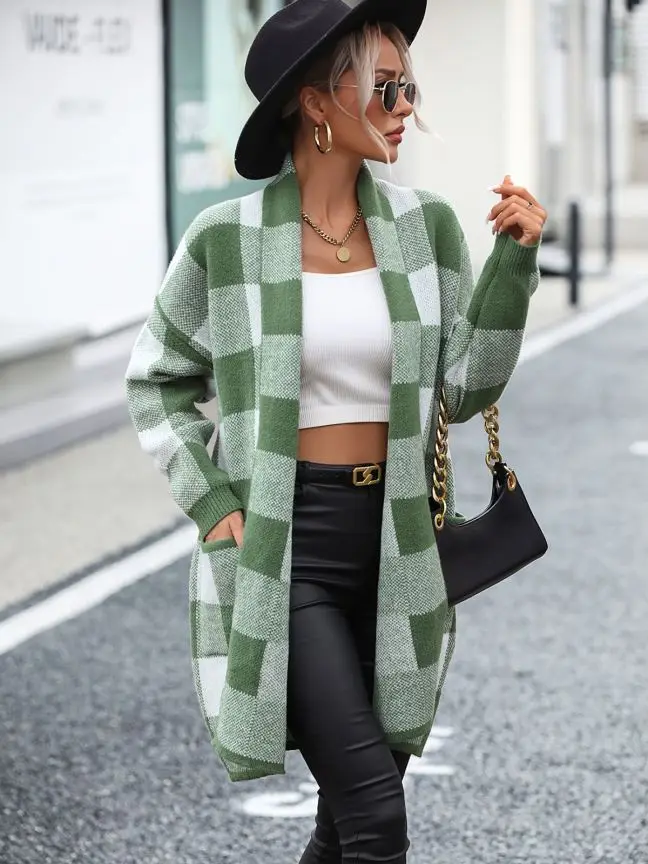 Women Cardigan Sweater 2023 New Arrivals High Quality Loose Plaid Patchwork Lady Sweaters Knitted Jacket Sweater For Women
