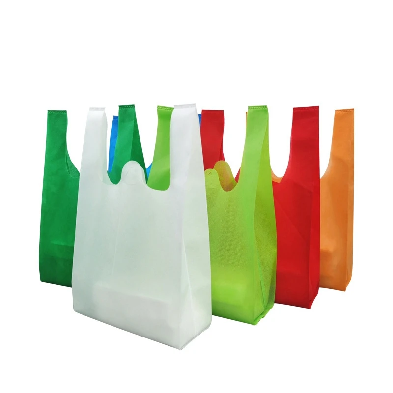 Custom Eco Friendly Reusable D Cut Non woven Supermarket Vest Pack Tote T-Shirt Shopping Bag W Cut PP-Nonwoven T Shirt Bag