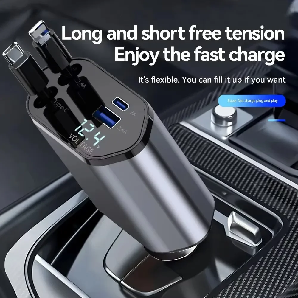 Fast Phone Charger cell phone with 2 Ports 2 USB Cable for Type C and iPhone, 4 in 1 Retractable Super Fast Charging Car Charger