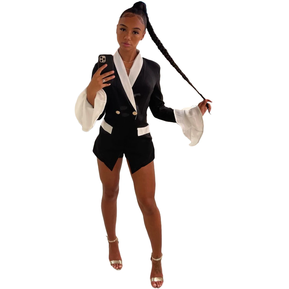 Женский костюм с отложным воротником, однотонный двубортный костюм в европейском и американском стиле с расклешенным рукавом, осень 2021