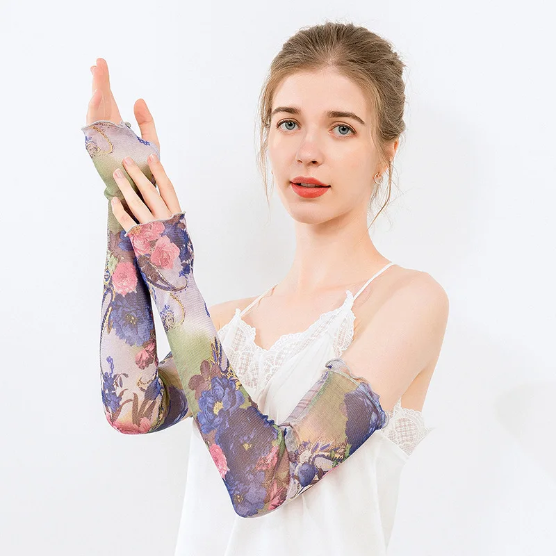 Summer Elegant Breathable Sun Protection Sleeves Women Printed Silk Gloves for Sun Protection