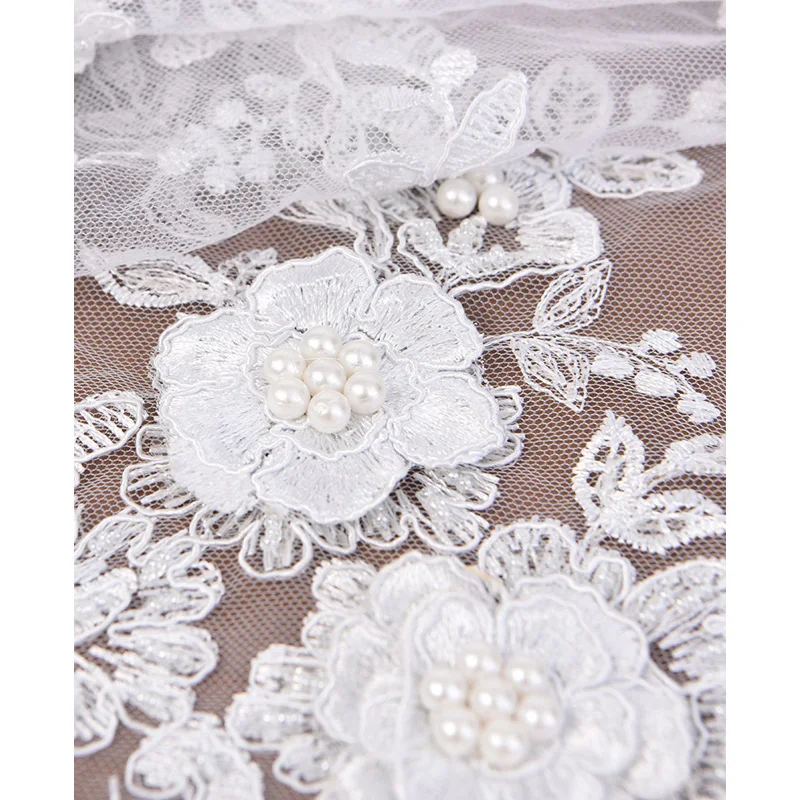 Pure White Beaded Wedding Lace Fabric with Pearl Tulle Net Lace Materials For Dress
