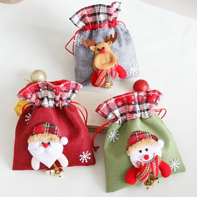 New cute linen candy gift drawstring jute bags christmas with bells
