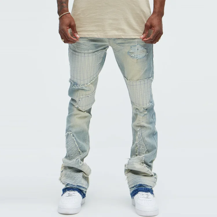 Custom High Quality Slim Flare Jeans Men Stretch Ripped And Repair Wash Straight Hip Hop High Street  Denim Pants