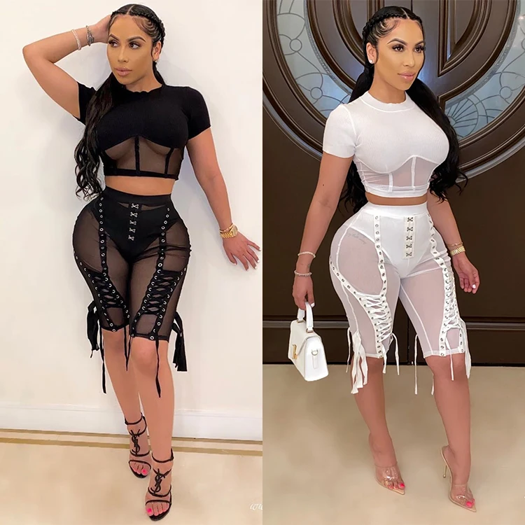 Streetwear Wholesale Plain White Trending Bandage Pierced Pants Mesh See-Through Pants Skinny Womens Legging Beach Riding Shorts