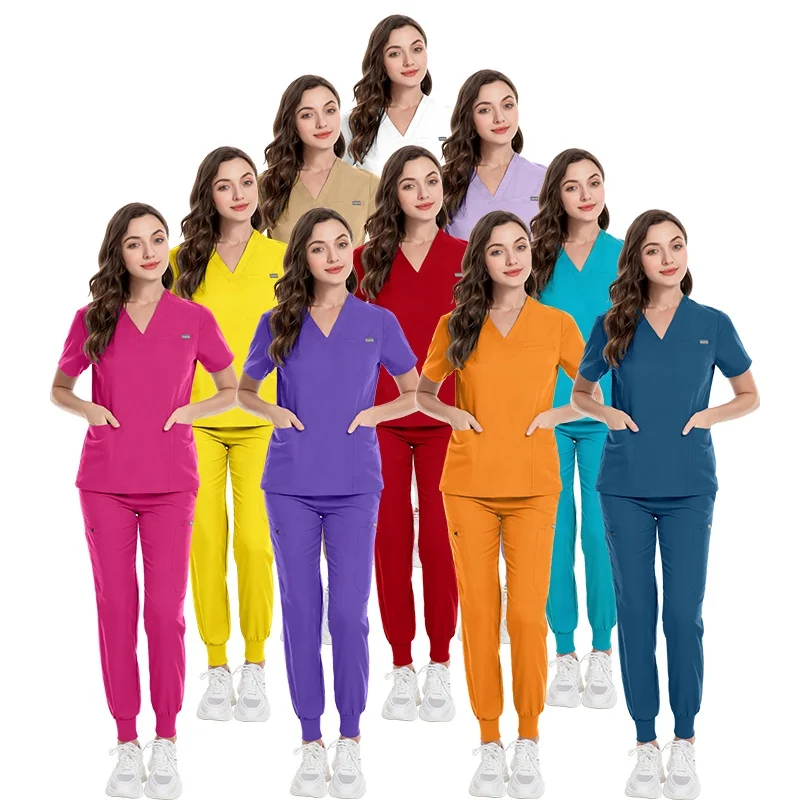 Logo Custom Khaki Color Scrubs Nursing Surgical 2-Way Stretchy Uniforms Salon Uniforms Drawstring Custom 2 Pieces Jogger Pants