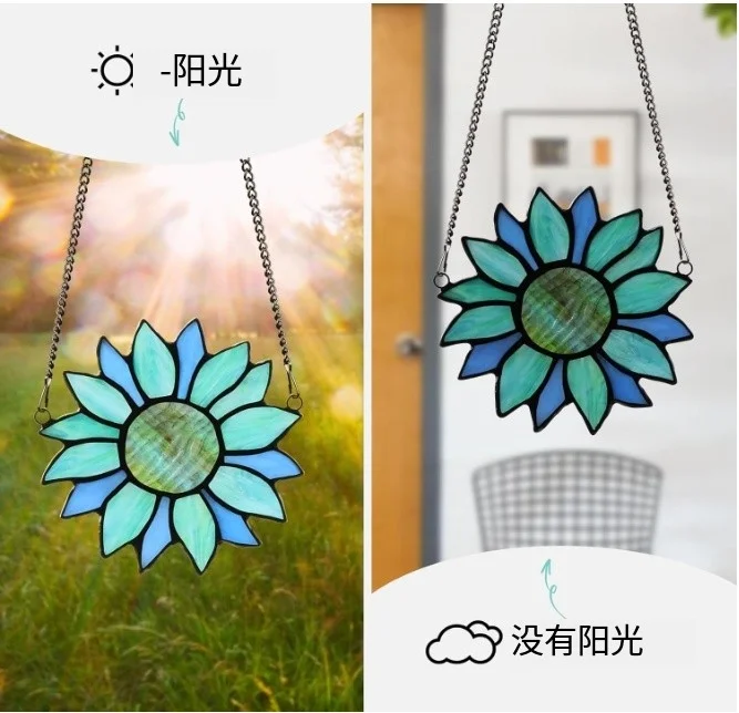 Stained Glass Sun Catcher Sunflower Sun Colorful House Hanging Light Catcher Glass Decoration Wall Window Garden Decoration