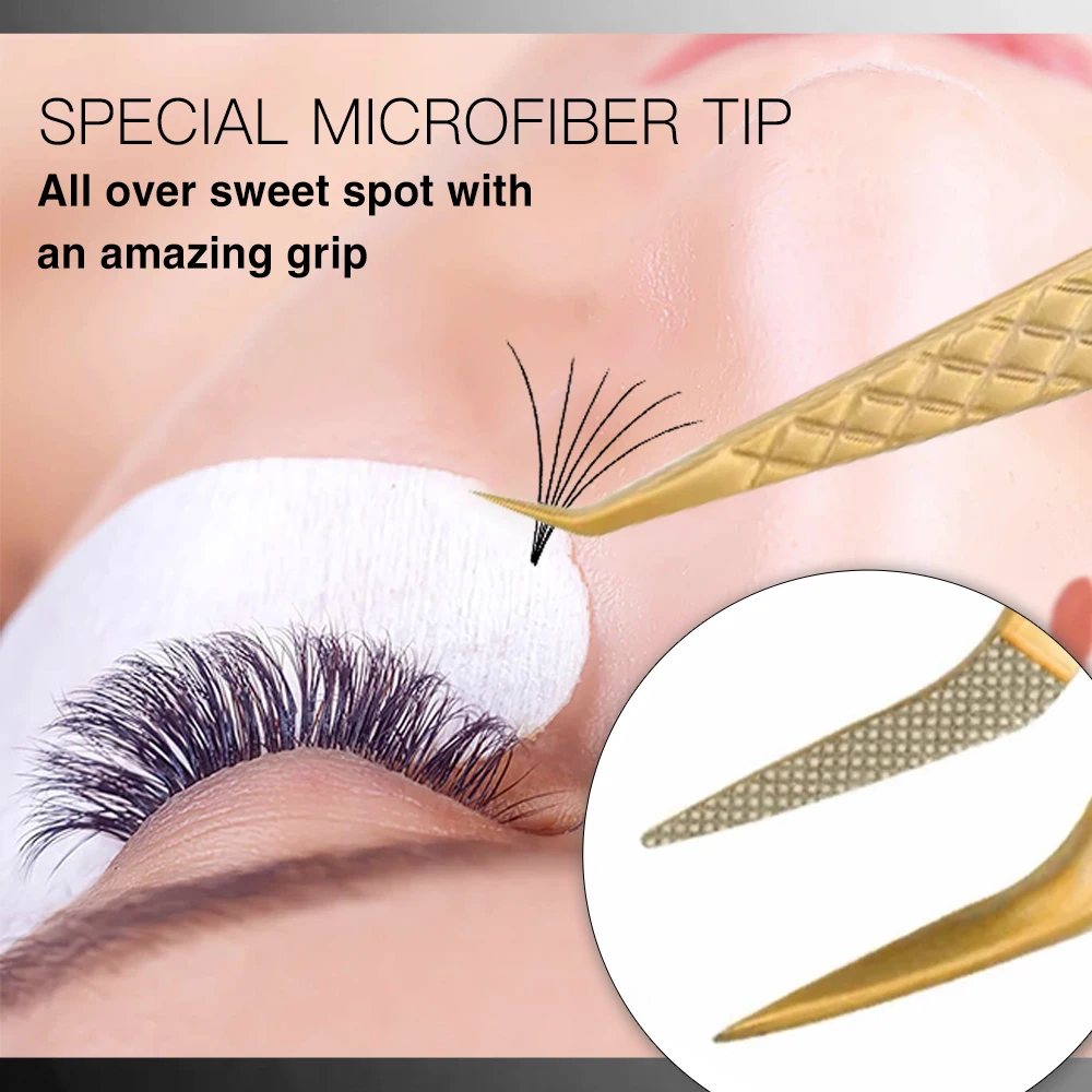 Eyelash Extension Tweezers With Fiber Tips Golden Stainless Steel High Precision Tweezer for Volume Fans Makeup Tools