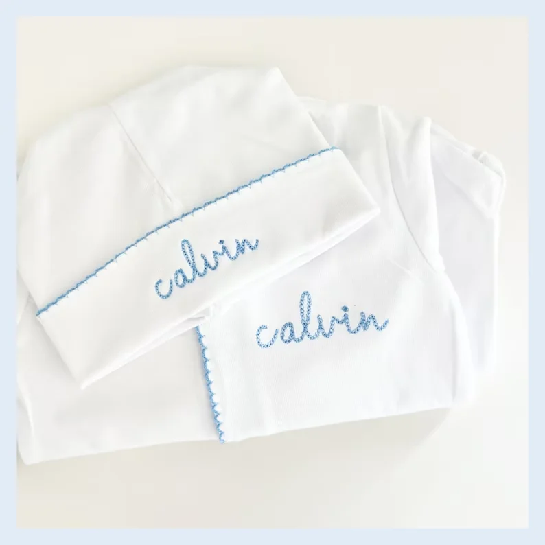Monogrammed Sleeper and Hat Set 100%cotton white custom newborn clothes rompers sets