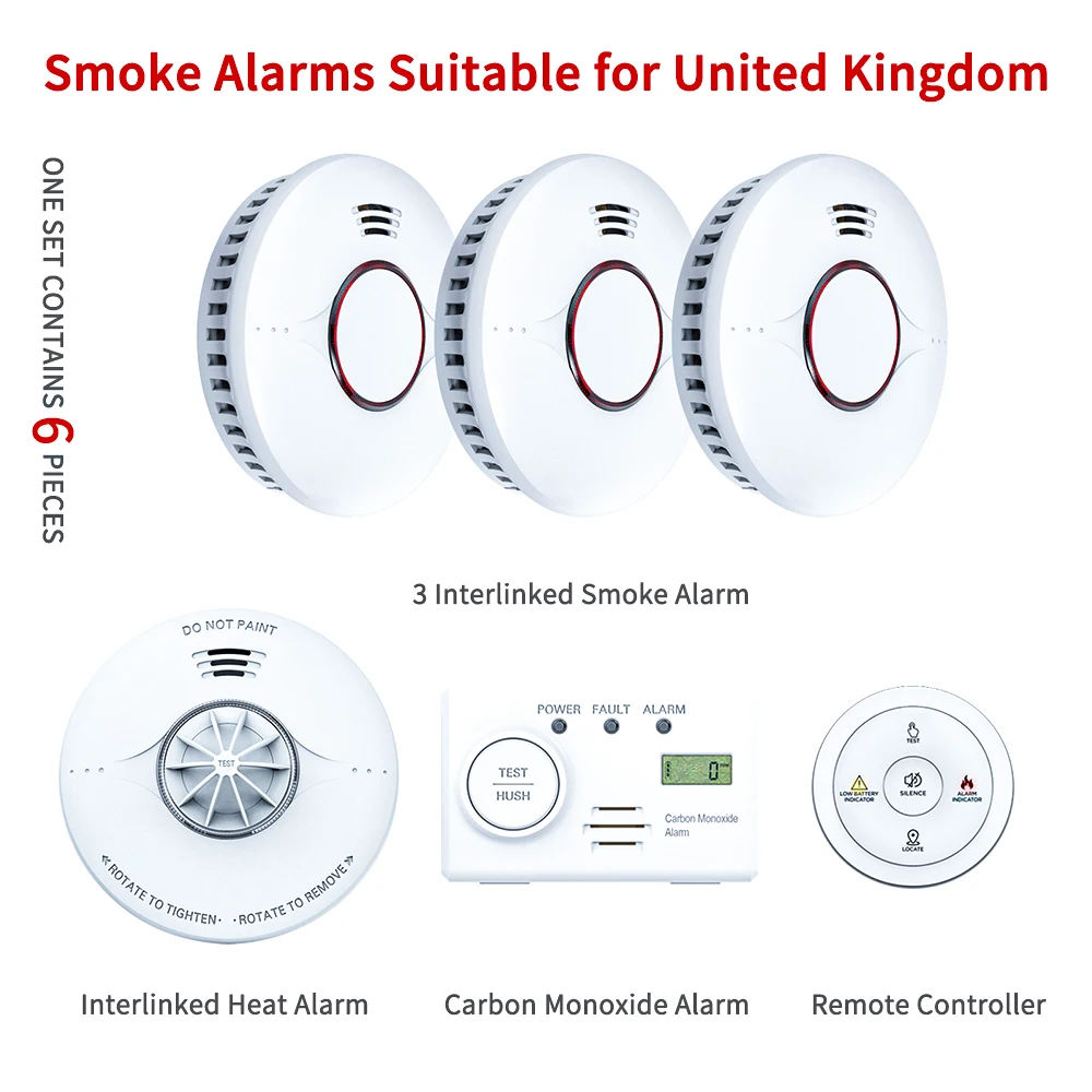 Fire Smoke Detector Alarm Wireless Heat Detector Smoke And Carbon Monoxide DetectorCombination (1 Set Contains 6 Pc)