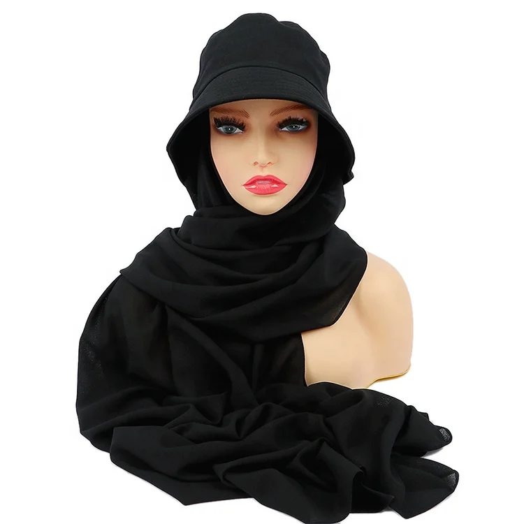 Fashion ladies instant plain chiffon hijab fisherman hats head scarf for muslim women bucket hat cap scarf