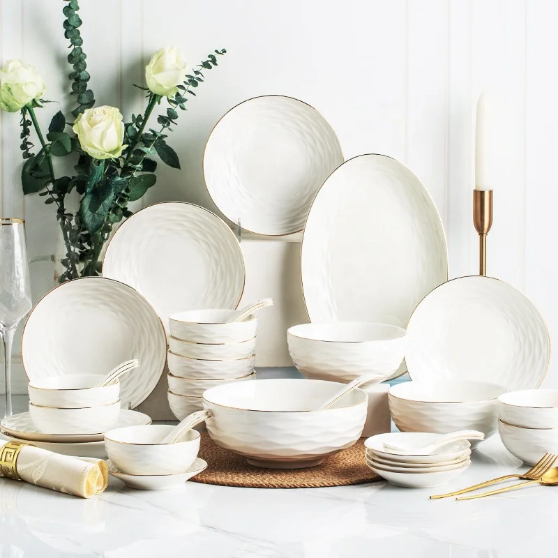 Custom Creative Minimalist Relief Household Luxury Dishes Nordic Plate Set Ceramic Dinnerware Porcelain Dinner Set