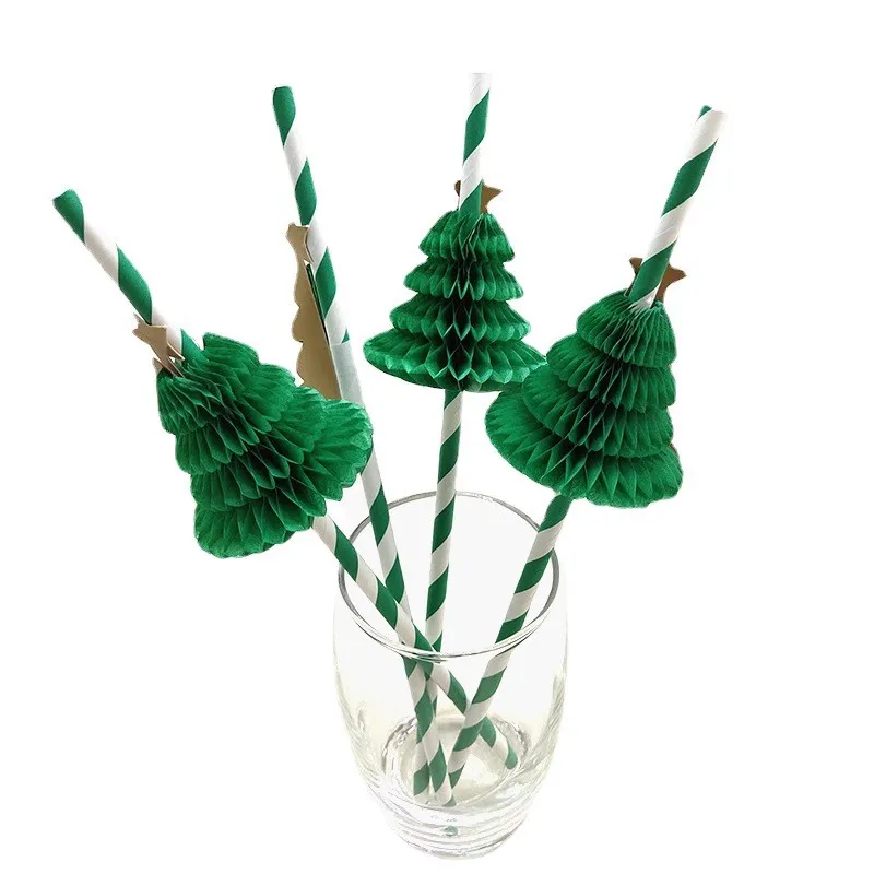 Christmas Tree Attached Green Paper Drinking Straws Biodegradable Holiday Straw