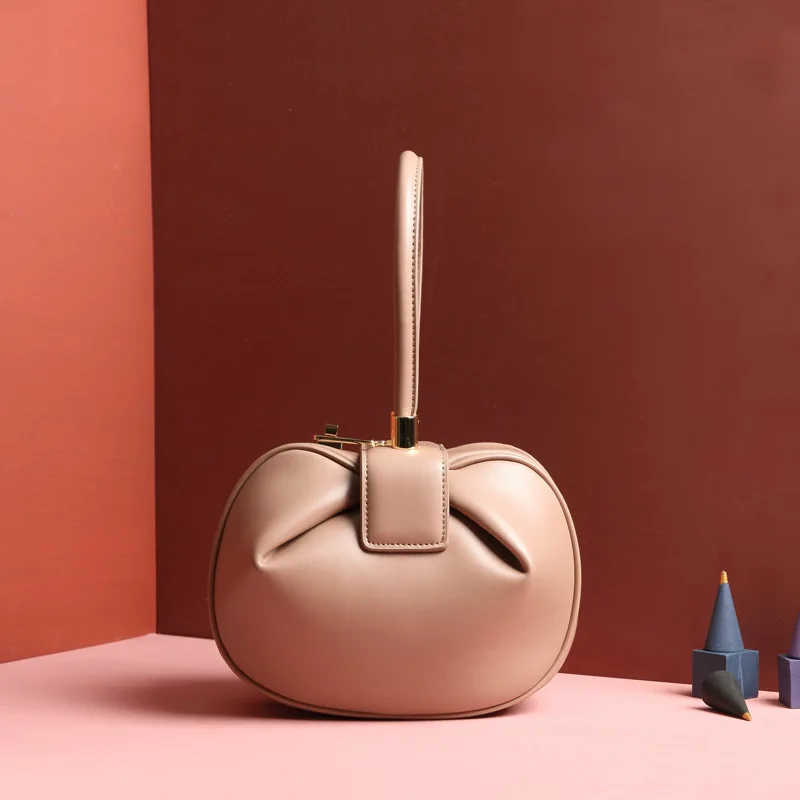 Vintage Elegant Leather Bucket Handbags Ladies Solid Dumpling Bag Top-handle Clutches Evening Tote Bags