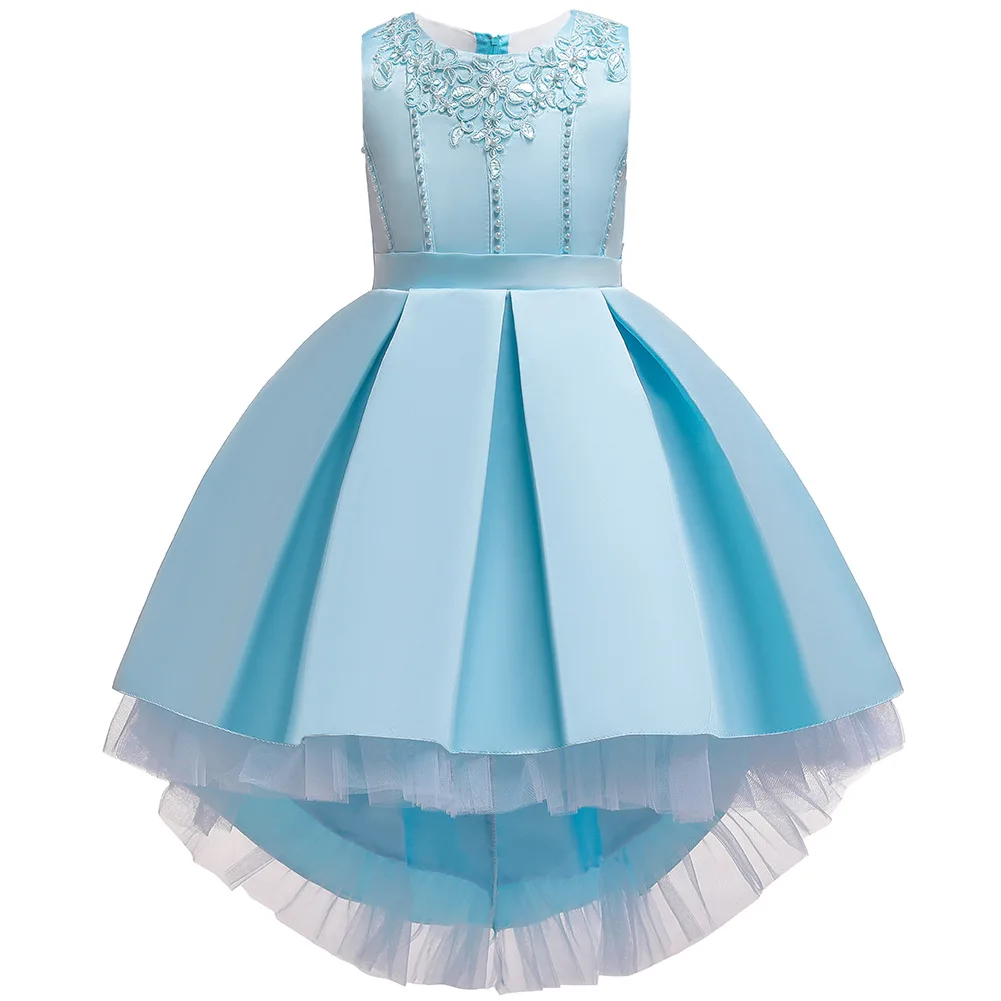 2021 Wholesale Satin Flower Long Tail high Quality Baby Girl  Birthday Kids party Dress