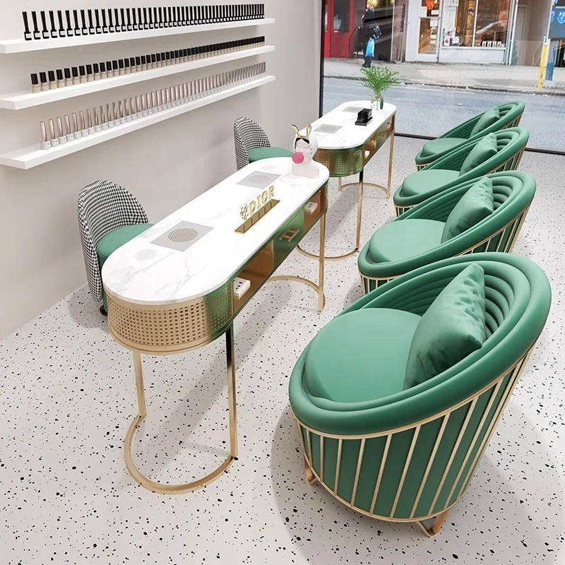 Hot sale nail salon furniture double nail table desk luxury modern beauty shop gold manicure table with dust collector
