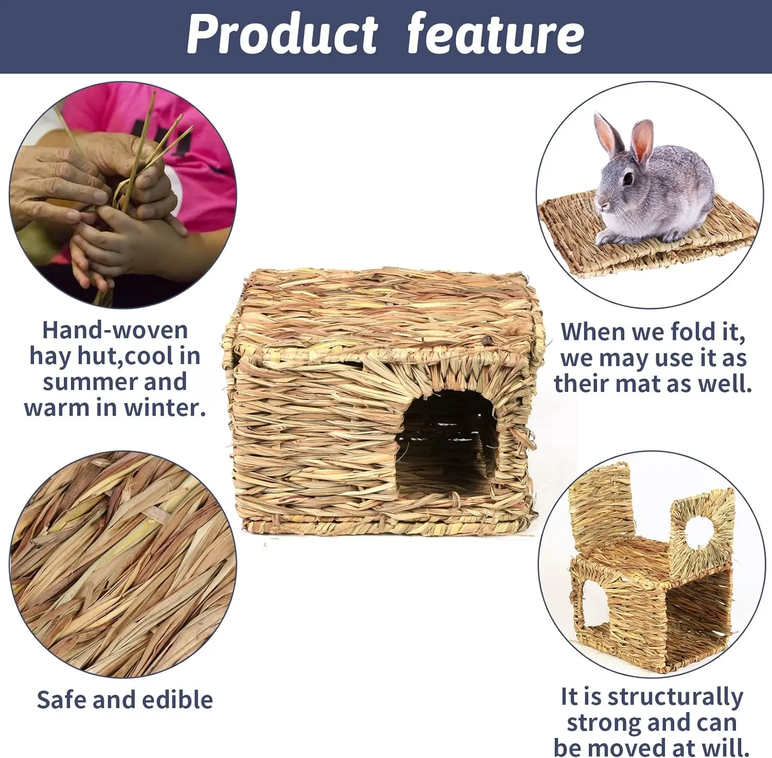 Natural Hand Woven Seagrass Play Hay Bed Foldable Woven Hideaway Hut Toy for Bunny Hamster Guinea Pig Chinchilla Small Animals