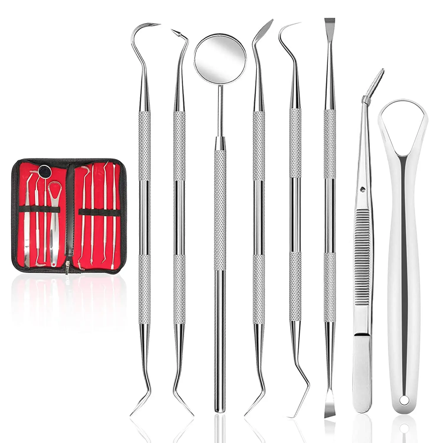 8 Pcs Stainless Steel Dental Tooth Pick Set Tongue Scraper Dentist Mirror Tartar Scraper Oral Hygiene Care Tool