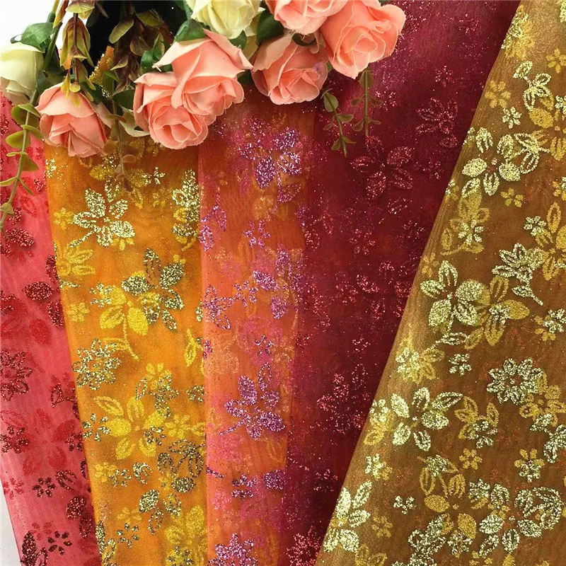 100% Poly Organza Glitter Printed  metallic  Dress Stage Costume Cloth Wedding  Fabric Designer Party Dance wear Bride fabric