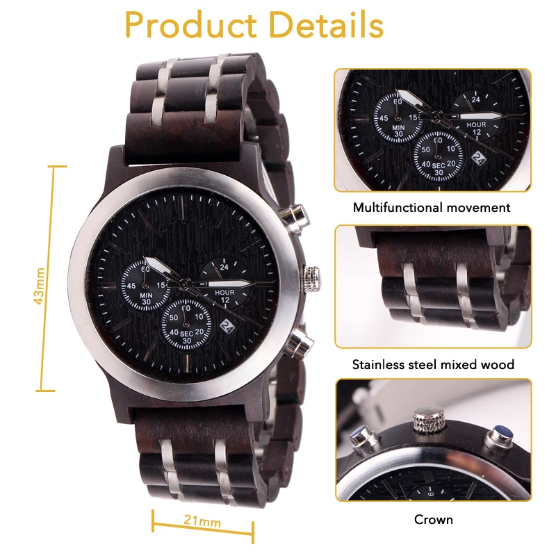 SOPEWOD Hot Products Cool Stainless Steel Military Watches Black Wood Watch In Wooden Gift Box