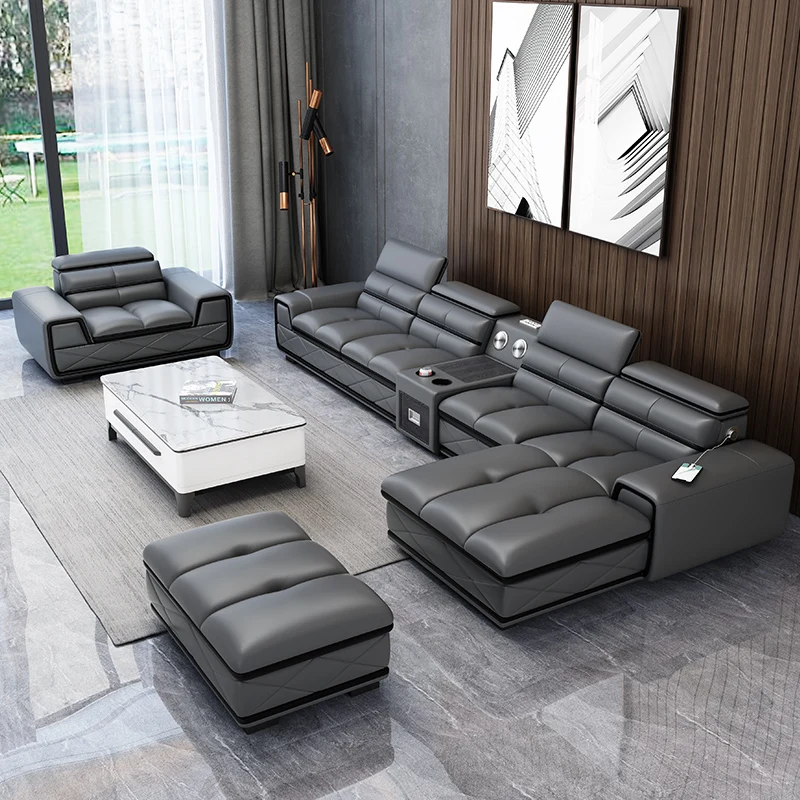Light luxury high quality multifunction leather I shape sofa for living room furniture sectional sofa