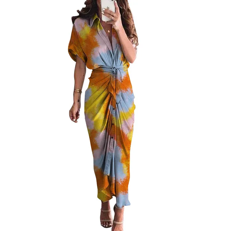 2023 New European Sexy Front Bow Knot Print Short Sleeve Dress Women Slim Plus Size Dresses Clothing vestidos casuales