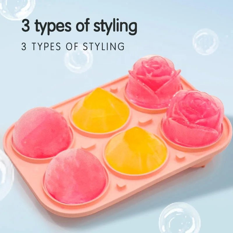 6 Holes Food Grade Rose Diamond Iced Making Mould Custom Logo Silicone Ice Cube Tray Pink Ice Ball Mold