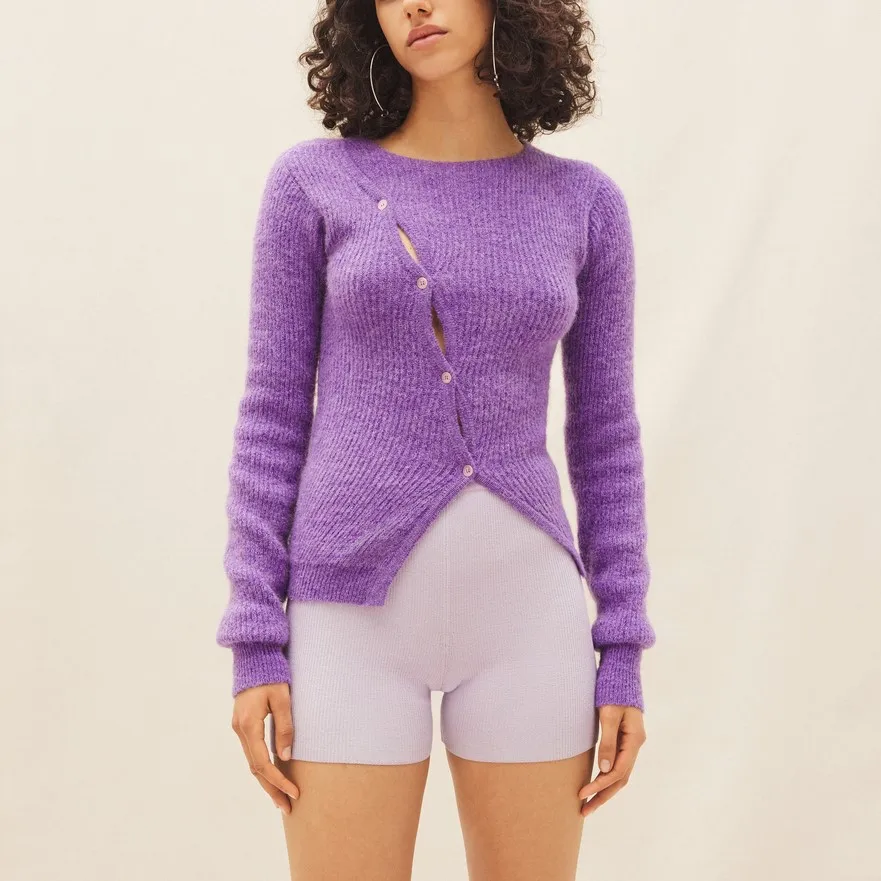 Kingsun OEM ODM на пуговицах на заказ трикотажные свитера из шерсти альпаки Асимметричный Приталенный кардиган с круглым вырезом