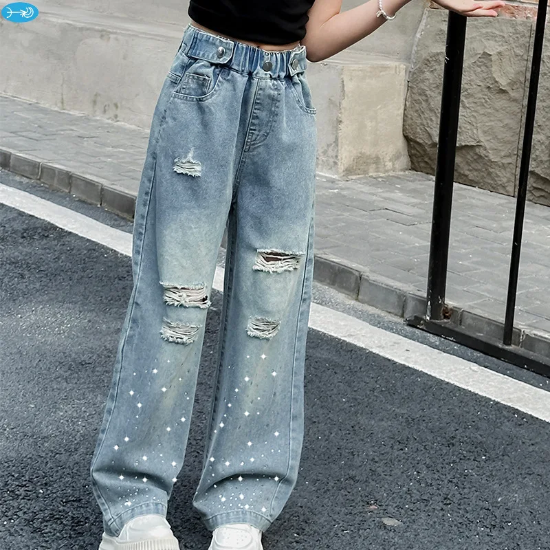 2024 New Fashion Children Girl Summer Thin Bling Bling Ripped Jeans 5-15 Years
