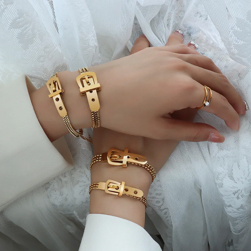 Punk 18K Gold Plated Indian Jewelry Stainless Steel 3 Layers Beads Box Chain Watch Belt Buckle Stackable Bracelets For Women