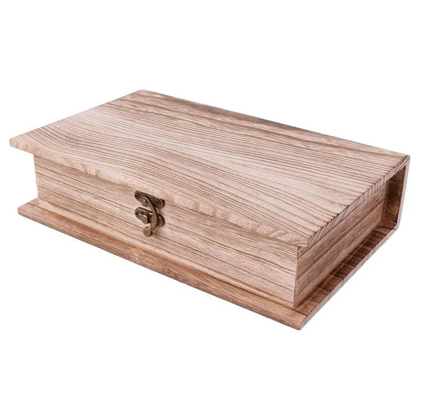 Hinged Lockable Jewelry Storage Case Home Sundries Organizer Gift Book Shaped Wooden Boxes with Lid for Decorating Craft