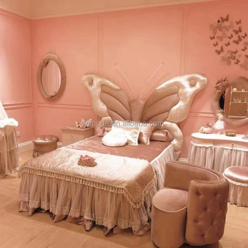 Top end Princess kid butterfly Bed Solid Wood Antique Hand Carved wooden Beds Luxury Palace princess pink Bed