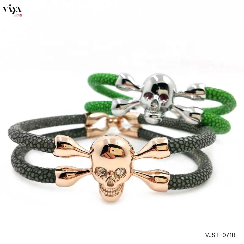 Wholesale Popular Skull stingray Leather Bracelet with 18K Gold Plating Over Stainless Steel