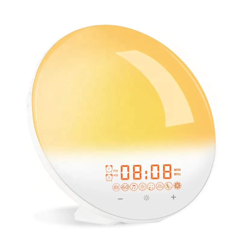 2024 New Style FM Radio Atmosphere Lamp Smart Wake up Light Sunrise Alarm Clock Colorful Night for Kids Adults Bedrooms