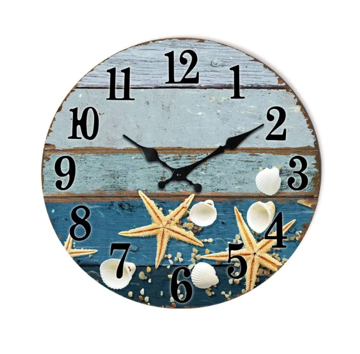 starfish shell decorative Beach Clock for Bathroom Round Shaped Home Decorative Creative Clock With Natural Wood Base