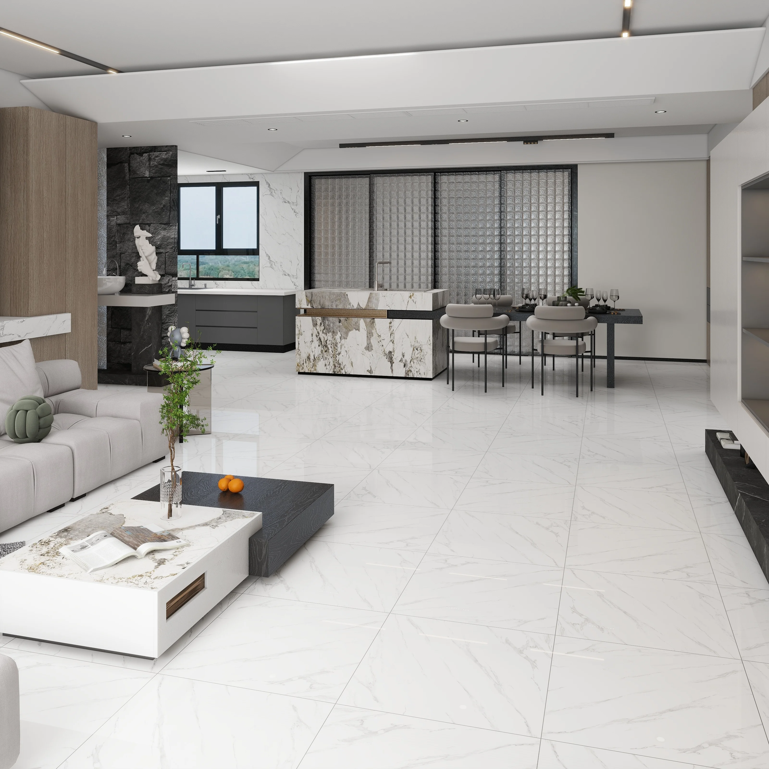 China Foshan Bedroom White Marble Polished Glazed Floor Tiles 600x600
