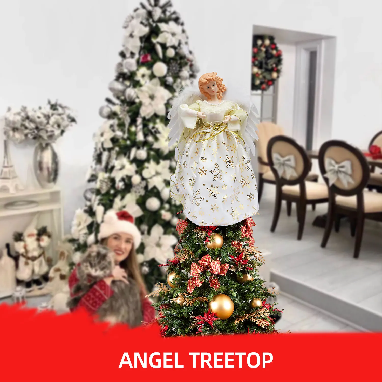 Elegant Christmas Tree Topper Angel With Real Feather Wing Christmas Tree Ornaments & Toppers
