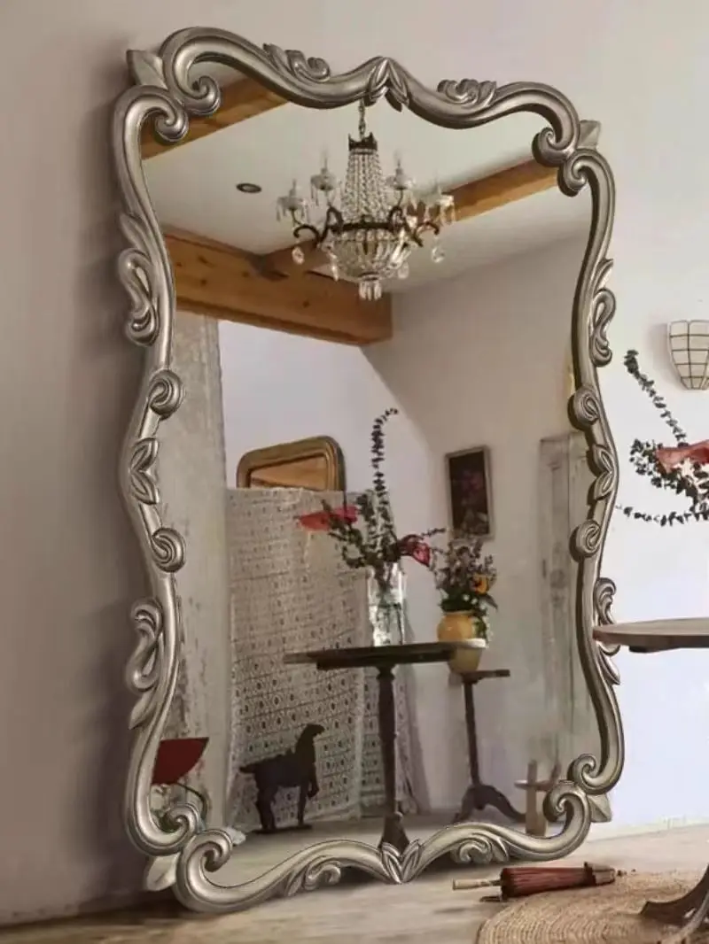 French Vintage European Style Fitting Mirror Full Body Dressing Mirror Arched Carved Home Bedroom Wall Mounted Floor Mirror