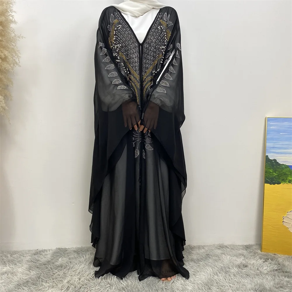 New Style Islamic Clothing Dubai Eid Modest Kimono Kaftan For Muslim Women Dress Bead Rhinestone Batwing Chiffon Open Abaya