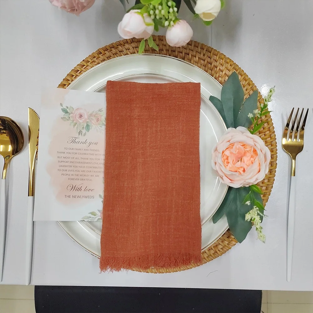 Beautiful handmade frayed edges table decor peach pink color recycled eco friendly cotton gauze napkins 43x43