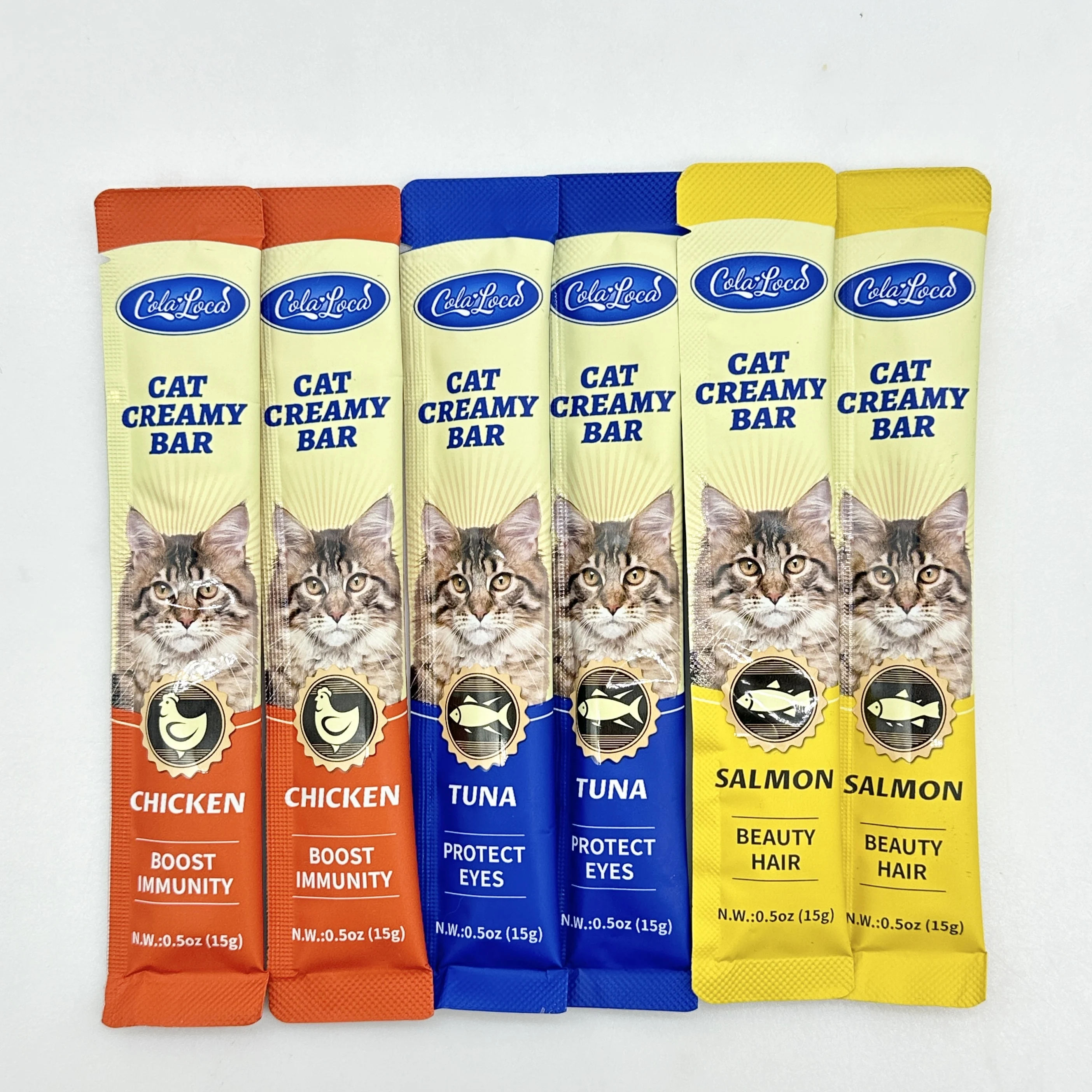 High-quality Cat snacks Salmon Chicken Tuna Strips 15g creamy cat treat tube Wet Cat Food OEM Factory