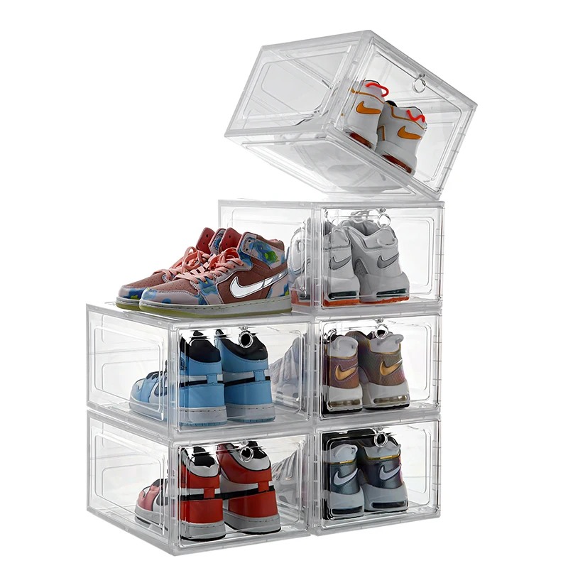 2024 Custom Clear Shoebox Wholesale Stackable Giant Sneaker Box Shoes With Custom Logo Drop Front Magnetic Shoe Box Storage