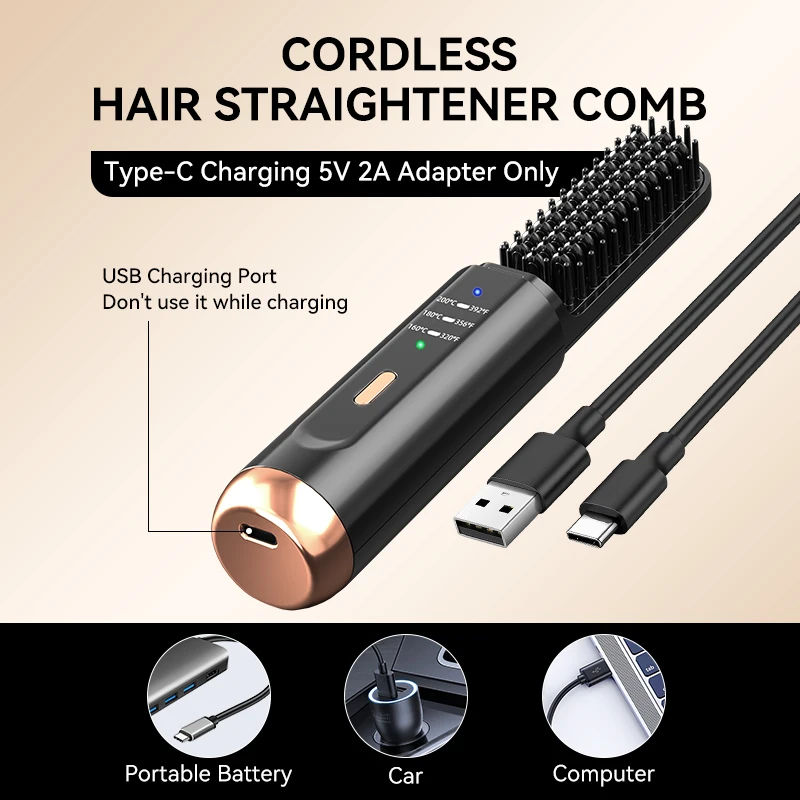 New Design 55W Portable Beard Cordless Electric Hair Straightening Brush USB Rechargeable Hair Straightener Comb For Home Use