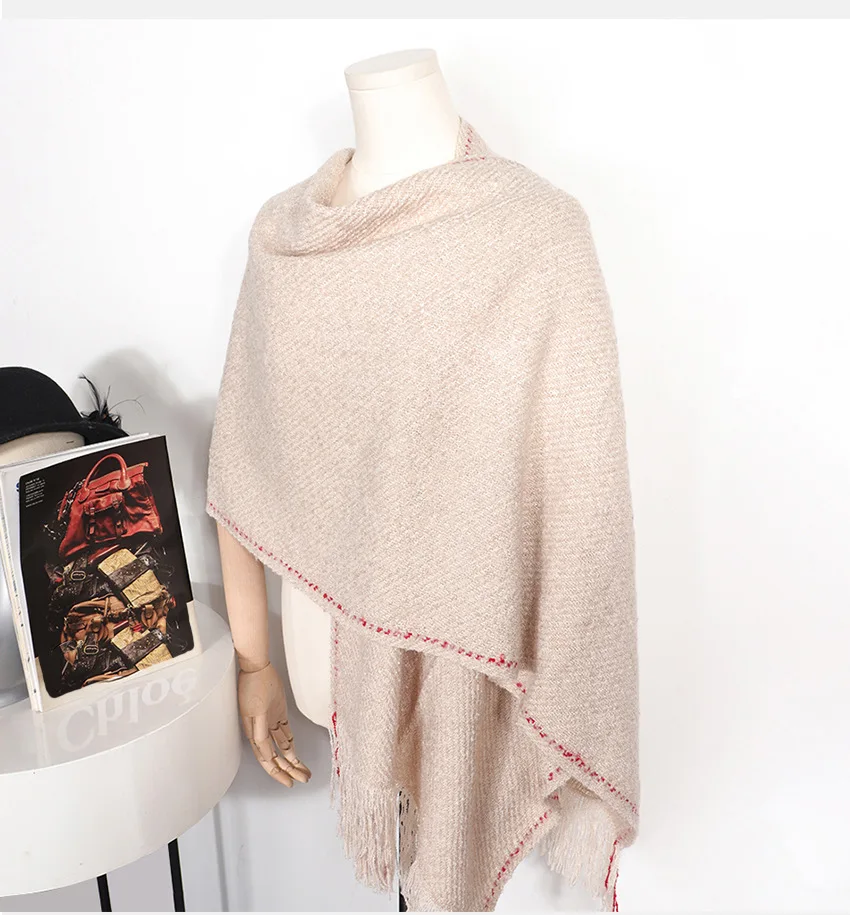 Custom Black Red Plaid Mohair Scarf for Women Checked Chevron Shawl Wrap Thick Winter Red Stripes Scarf with Tassels