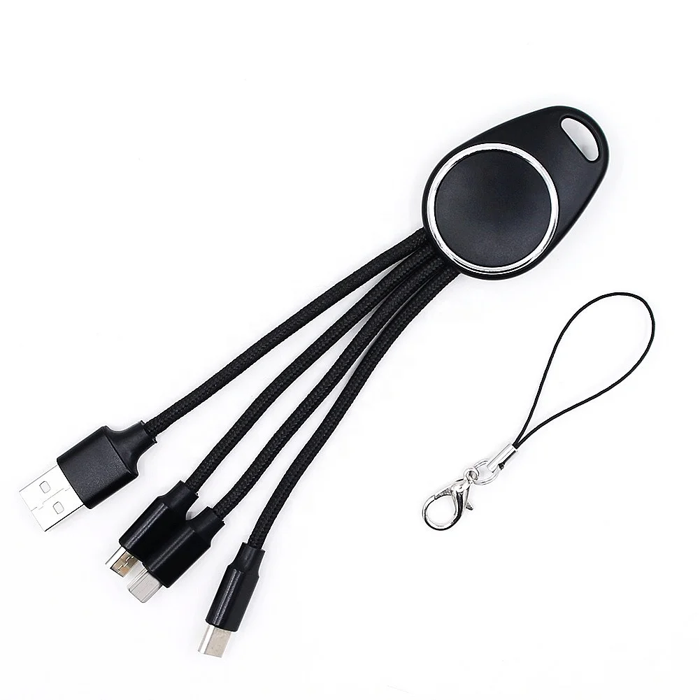 Vnew Colorful multi 3 in 1 keychain LED usb cable usb charging cable for 8pin /Type C/Micro mobile phone with fast charging