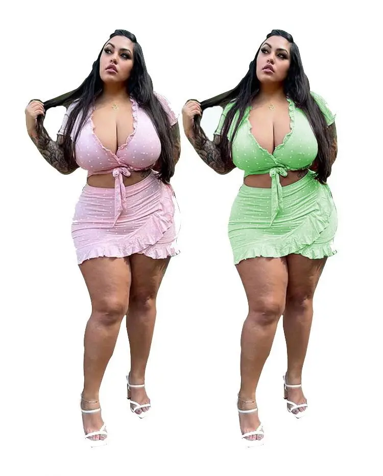 Plus Size L-4xl Ruffles Skirt 2 Piece Set For Women Clothing Polka Dot Print V-neck Two Piece Skirts Set Womens Set Plus Size